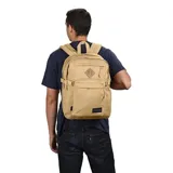 Mochila Jansport Main Campus color beige con múltiples compartimentos y bolsillo lateral de malla.