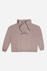 Canguro de felpa color beige con capucha ajustable, bolsillo tipo canguro y puños. Presenta un estampado frontal con texto en azul que incluye "WE ARE BUILDING THE FUTURE" y "RUNNING FOR THE FUTURE".