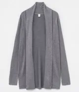 Cardigan largo femenino de la marca Blue Steel, confeccionado en tejido de punto liso color gris. Presenta diseño abierto sin cierres y cuello tipo chal.