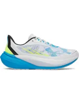 Championes de running Under Armour W Velociti Distance, color blanco con detalles en azul y amarillo flúor. Cuenta con capellada de malla transpirable y entresuela con tecnología UA HOVR+ para mayor amortiguación.
