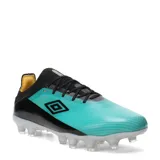 Championes de fútbol Umbro modelo Fly Hg, con diseño bicolor en negro y verde turquesa. Presentan cordones negros, interior amarillo y suela con tapones transparentes.