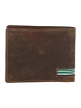 Billetera de cuero natural color marrón con detalle de cinta rayada en verde y blanco en la esquina inferior izquierda. Cuenta con múltiples ranuras para tarjetas, compartimento para billetes y tecnología RFID para protección de datos.