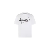 Remera Amiri de manga corta, color blanco, con cuello redondo y estampado gráfico con el logo de la marca en el frente.