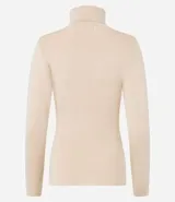 Suéter de punto color borgoña, con cuello alto estructurado y mangas largas.