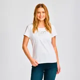 Remera blanca de algodón para mujer, con logo CAT metálico estampado en el pecho y etiqueta con el logo en el dobladillo.