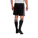 Short deportivo Adidas Squadra 21 de hombre, color negro con tres tiras blancas en los laterales. Confeccionado en poliéster reciclado con tecnología Aeroready, cintura elástica y cordón ajustable.