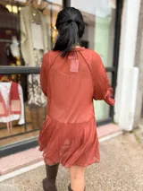 Vestido corto color terracota de tela liviana y translúcida, con escote en V y cordón para atar en el cuello. Presenta mangas largas amplias con puños decorados con volados y diseño fluido de corte evasé.