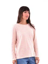 Remera a rayas horizontales color blanco y salmón, de manga larga y cuello redondo.