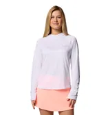 Remera de manga larga con capucha Columbia, confeccionada en tejido técnico transpirable con tecnología Omni-Wick y protección solar Omni-Shade UPF 40. Presenta diseño de mangas raglán, capucha cruzada y orificios para los pulgares en los puños.