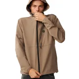 Campera Rip Curl Elite Dwr color marrón, con capucha ajustable, cierre frontal negro y bolsillos con cierre. Presenta un diseño repelente al agua y un pequeno parche con el logo de la marca en el pecho.