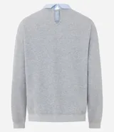 Buzo de algodón gris con cuello redondo, mangas largas con puños ajustados y aplicación de mini beads brillantes distribuidas por toda la prenda.