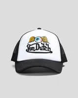 Gorra tipo trucker Von Dutch con frente blanco, visera negra y panel trasero de red negra. Presenta un bordado frontal con el logo de la marca y un diseño de ojo alado.