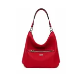 Cartera tipo hobo de color rojo, confeccionada en material sintético con textura granulada. Presenta un compartimento principal con cierre, un bolsillo frontal con cierre metálico y una manija de hombro en color negro con detalles metálicos.
