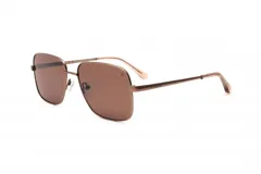 Lentes de sol de metal con forma cuadrada/aviador, color bronce/marrón. Las lentes son de tono marrón y las varillas son delgadas con terminación en acetato claro.