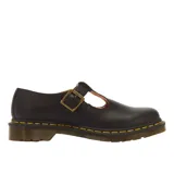 Zapatos Mary Jane Dr. Martens modelo Polley Black Smooth, confeccionados en cuero negro con tira en T, hebilla metálica ajustable y costuras amarillas características en la suela.