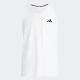 Musculosa deportiva Adidas Own The Run, color blanco, con cuello redondo y logo de las tres barras en negro en el pecho.