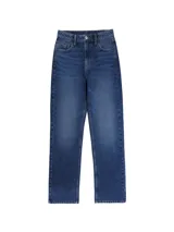 Jeans de tiro alto con corte recto, diseño clásico de cinco bolsillos, cierre frontal con cremallera y botón metálico.