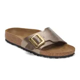 Sandalia tipo slide con una sola tira ancha en color bronce metalizado, hebilla grande dorada ajustable y plantilla anatómica de corcho con suela de goma negra.