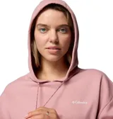 Buzo tipo canguro de la marca Columbia, color rosado, con capucha ajustable con cordón, bolsillo frontal tipo canguro y puños y dobladillo acanalados.
