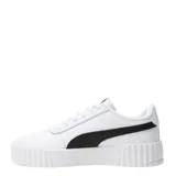 Championes Puma modelo Carina 3.0, de estilo urbano inspirado en el tenis de los años 80. Presentan un diseño en color negro con la icónica franja lateral en blanco y detalles de la marca en dorado. Cuentan con una suela de plataforma estriada en color blanco y plantilla SOFTFOAM+ para mayor amortiguación.