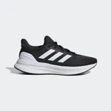 Championes de running Adidas Ultrarun 5, color negro con detalles en blanco. Presentan un empeine de malla transpirable, tres franjas laterales blancas icónicas, mediasuela gruesa con amortiguación Cloudfoam y suela Adiwear.