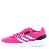 Championes de running Adidas Run Falcon 2.0, color fucsia con detalles en celeste y blanco. Presentan el logo de la marca en la lengüeta y las tres tiras características en los laterales. Cuentan con suela de goma blanca y refuerzo negro en el talón.