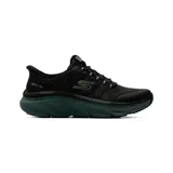 Championes deportivos Skechers modelo D'Lux Walker 3.0, color negro con entresuela en tono gris oscuro. Presentan tecnología Slip-ins para un calce fácil, parte superior de tejido knit técnico con refuerzos sintéticos y cordones elásticos fijos. Incluyen plantilla Air-Cooled Memory Foam y diseño Relaxed Fit para mayor amplitud.