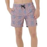 Short de baño con estampado geométrico en tonos celeste y salmón, con cintura elástica ajustable con cordón negro.