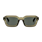 Lentes de sol con armazón rectangular de plástico translúcido en tono marrón verdoso y cristales oscuros.