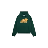Hoodie oversize Eme Studios de color verde oscuro, con capucha, bolsillo frontal tipo canguro y estampa gráfica en color amarillo en el pecho con el logotipo de la marca.