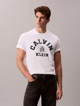Remera de algodón blanca de corte regular con cuello redondo y mangas cortas. Presenta un estampado gráfico frontal con el logotipo de Calvin Klein en tono oscuro.