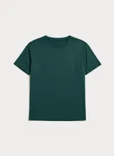 Camiseta deportiva de manga corta en color verde oscuro, con diseño de panel superior texturizado tipo malla y parte inferior lisa, ideal para entrenamiento.