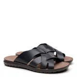 Sandalias de hombre Freeway modelo Horizon 3, color negro, con tiras de cuero cruzadas y plantilla marrón texturada.