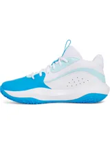 Championes de básquetbol Under Armour modelo Lockdown 7, con diseño en blanco y azul. Presentan parte superior de malla transpirable con superposiciones de cuero sintético, entresuela de EVA para mayor amortiguación y suela de caucho con patrón de tracción en espiga.