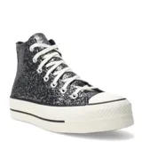 Championes Converse Chuck Taylor All Star Lift Platform de caña alta, color negro con glitter plateado, suela de plataforma blanca y cordones blancos.