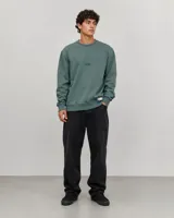 Buzo de cuello redondo en color verde, con diseño de calce holgado, puños y ruedo acanalados, y un pequeño logo bordado en el centro del pecho.