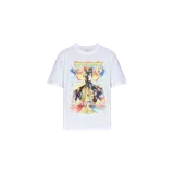 Remera blanca de manga corta y cuello redondo, con llamativo estampado gráfico frontal de estilo psicodélico y futurista.