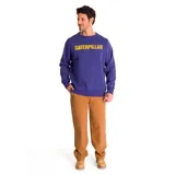 Buzo azul con logo de Caterpillar estampado en amarillo en el pecho y logo triangular en la manga.