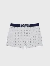 Boxer blanco con estampado de cruces negras y cintura elástica gris con la marca Forum en blanco.