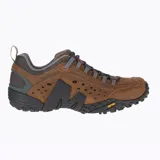 Championes de trekking Merrell modelo Intercept, color marrón con detalles en gris y negro. Confeccionados en cuero flor con paneles perforados para mayor ventilación, puntera resistente a la abrasión y suela Vibram de alto agarre.