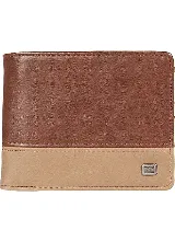 Billetera plegable combinada en dos tonos de marrón, con detalle de placa metálica con logo en el frente.