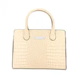 Cartera azul con textura símil cuero de cocodrilo, doble asa corta, correa larga desmontable, doble bolsillo y cierre interior.