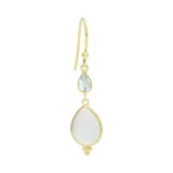 Aros colgantes de plata 925 bañada en oro 18k con dos piedras en forma de gota: un topacio azul y una piedra de la luna.