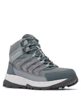 Botas de trekking Columbia modelo Strata Trail Mid Wp, color gris con detalles en verde lima. Diseñadas con tecnología impermeable Omni-Tech y suela Omni-Grip para mayor tracción en senderos.