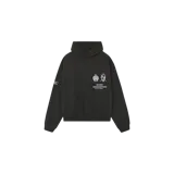 Hoodie oversize Eme Studios de color gris oscuro, con capucha, bolsillo frontal tipo canguro y estampado gráfico en el pecho y la manga.