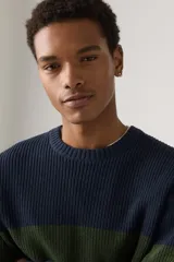 Sweater de cuello redondo con diseño de rayas horizontales en azul marino y verde militar.