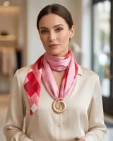 Pañuelo de seda con diseño estampado en tonos rosados y rojos, combinado con un dije dorado en forma de espiral.
