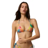 Corpiño de bikini Rip Curl modelo Bliss Revo Sliding Tri, con diseño triangular deslizante y estampado floral multicolor.
