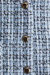 Chaleco sastre en tejido bouclé celeste con detalles en negro y blanco, con escote en V y botones dorados adelante. Modelo ajustado con pinzas en el busto y bolsillos delanteros de parche con botón. Bajo recto con aberturas laterales levemente redondeadas. Forrado.