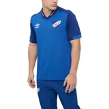 Remera polo de fútbol Umbro del Club Nacional de Football, color azul con mangas y cuello en azul marino, con detalles en rojo y blanco en el cuello. Incluye el logo de Umbro y el escudo del club.